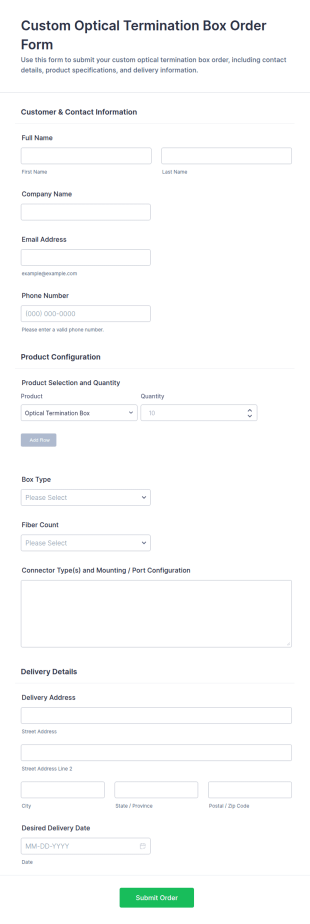 Custom Optical Termination Box Order Form Template