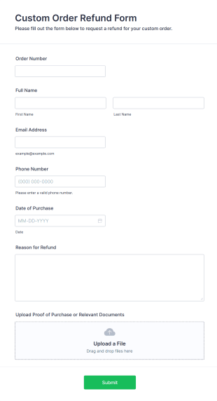 Custom Order Refund Form Template