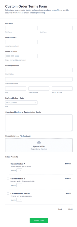Custom Order Terms Form Template