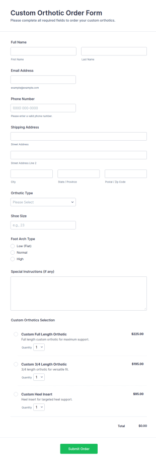 Custom Orthotic Order Form Template