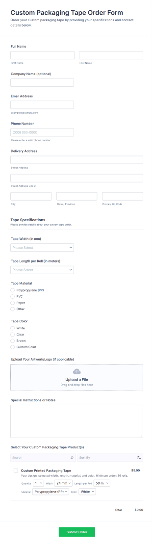 Custom Packaging Tape Order Form Template
