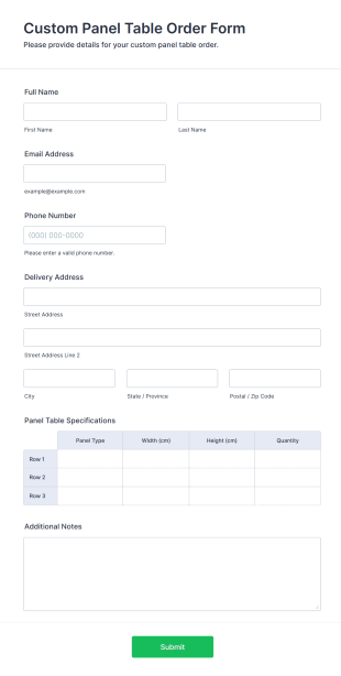 Custom Panel Table Order Form Template