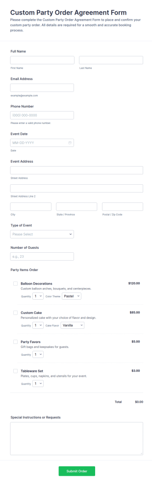 Custom Party Order Agreement Form Template