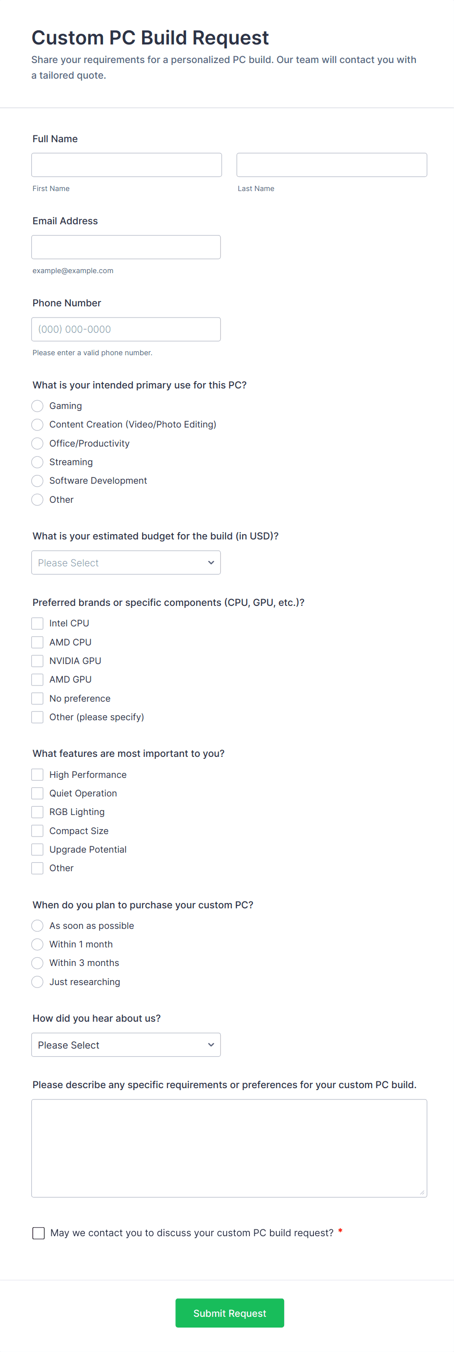 Custom PC Build Request Form Template | Jotform