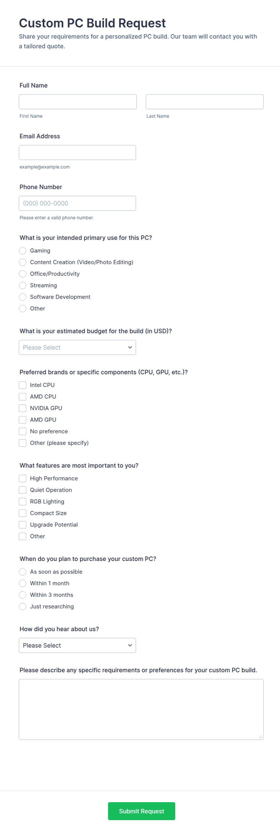 Build Request Form Custom PC Build Request Form Template | Jotform