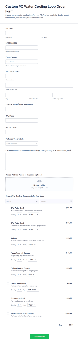 Custom PC Water Cooling Loop Order Form Template