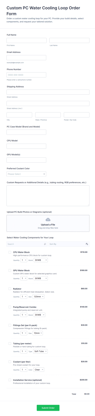 Custom PC Water Cooling Loop Order Form Template