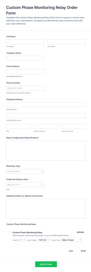Custom Phase Monitoring Relay Order Form Template