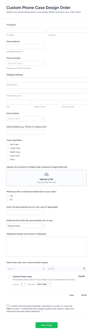 Custom Phone Case Design Order Form Template