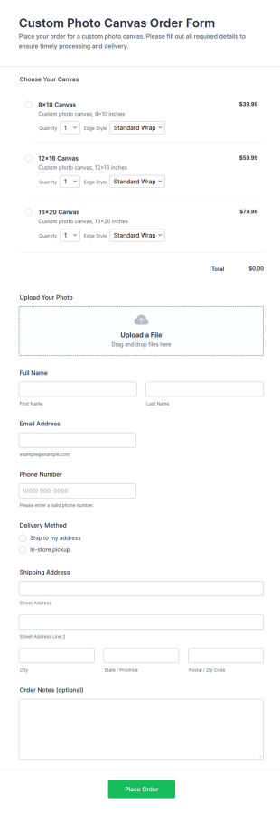 Custom Photo Canvas Order Form Template