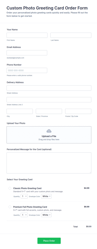 Custom Photo Greeting Card Order Form Template