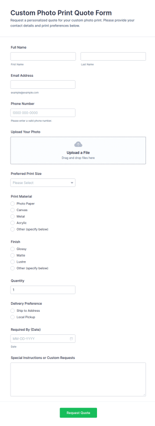 Custom Photo Print Quote Form Template