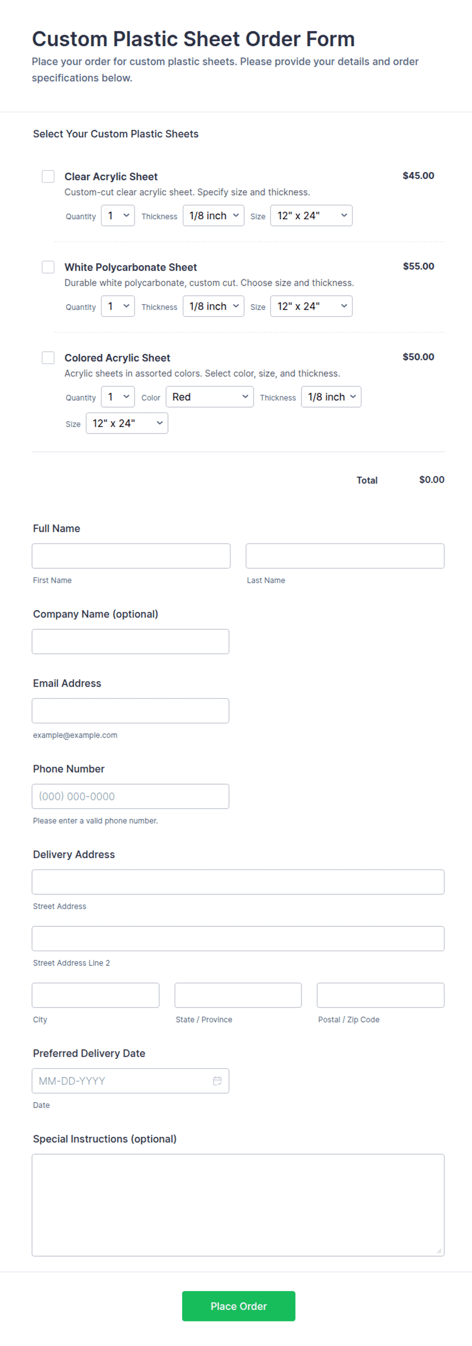 Custom Plastic Sheet Order Form Template | Jotform
