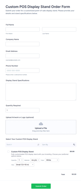 Custom POS Display Stand Order Form Template