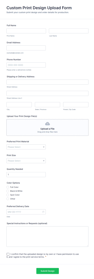 Custom Print Design Upload Form Template