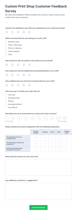 Custom Print Shop Customer Feedback Survey Form Template
