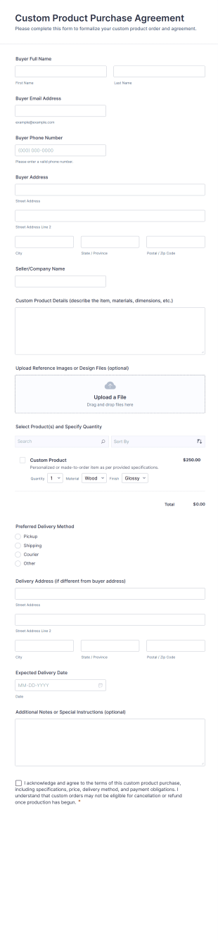 Custom Product Purchase Agreement Form Template