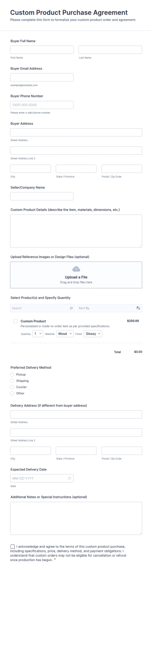 Custom Product Purchase Agreement Form Template