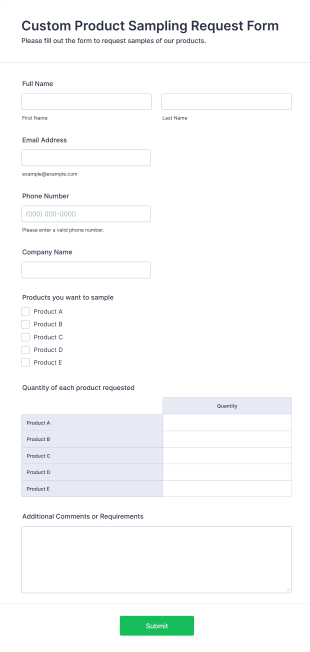 Custom Product Sampling Request Form Form Template