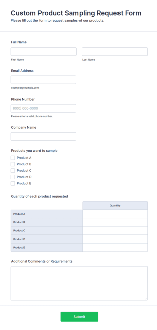 Custom Product Sampling Request Form Template