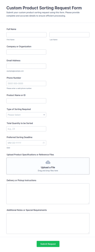 Custom Product Sorting Request Form Template
