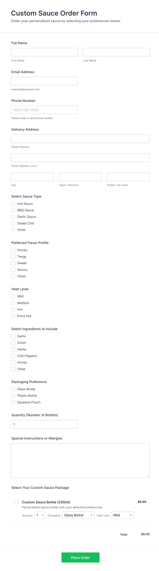 Custom Sauce Order Form Template