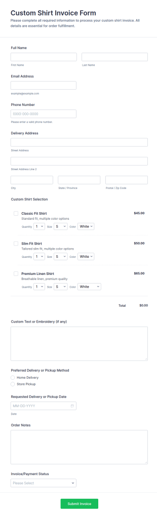 Custom Shirt Invoice Form Template