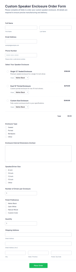 Custom Speaker Enclosure Order Form Template