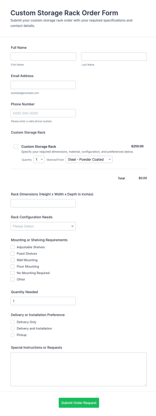 Custom Storage Rack Order Form Template