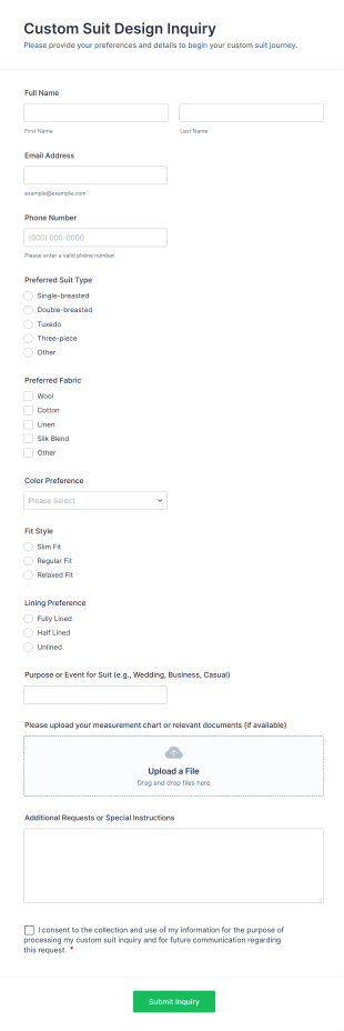 Custom Suit Design Inquiry Form Template