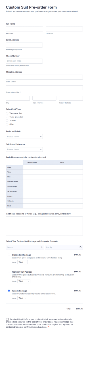 Custom Suit Pre Order Form Template