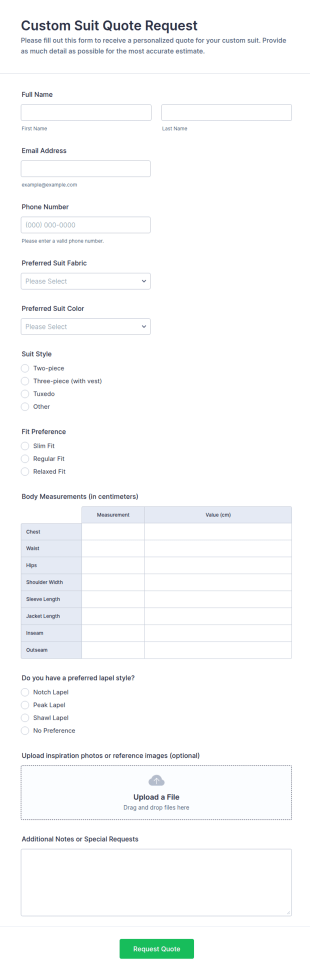 Custom Suit Quote Request Form Template
