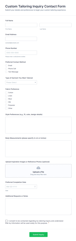 Custom Tailoring Inquiry Contact Form Template