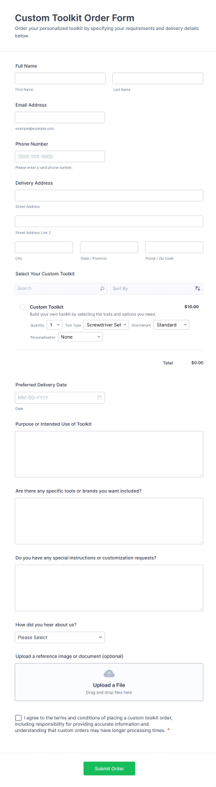 Custom Toolkit Order Form Template