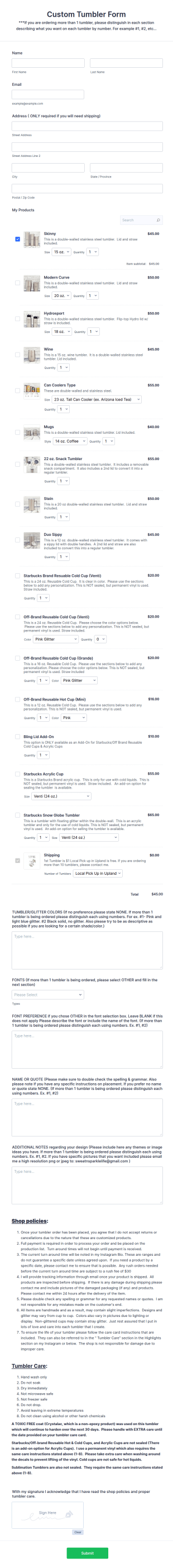 Custom Tumbler Form Template