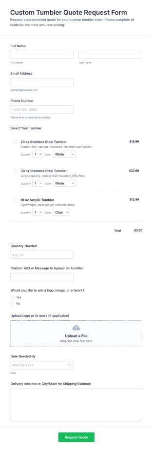 Custom Tumbler Quote Request Form Template