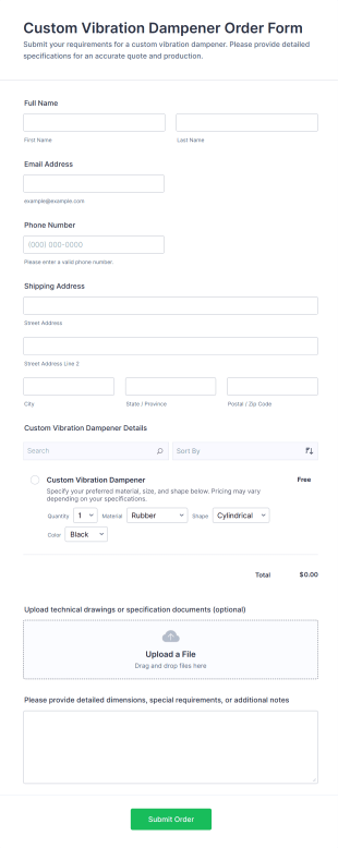 Custom Vibration Dampener Order Form Template