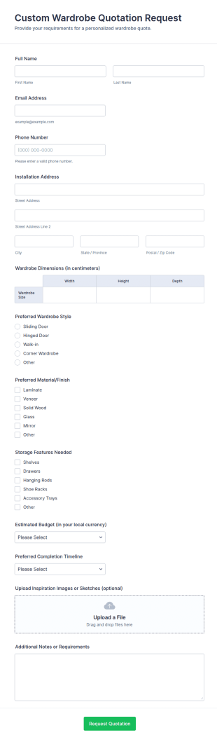 Custom Wardrobe Quotation Request Form Template