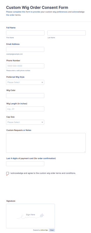 Custom Wig Order Consent Form Template