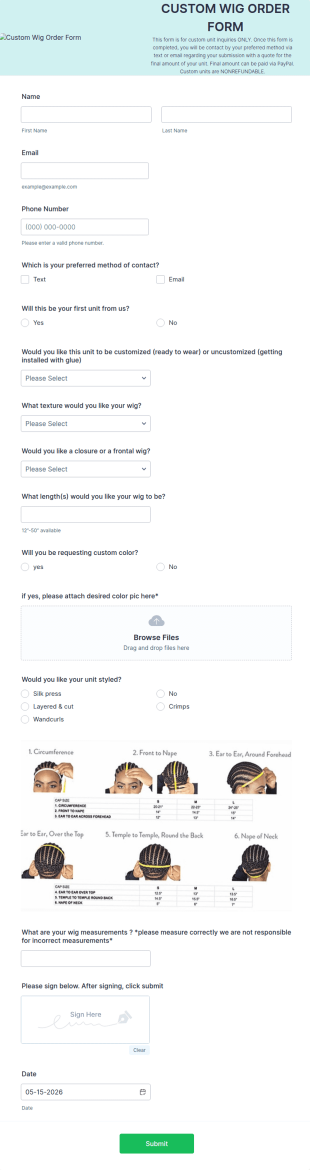 Custom Wig Order Form Template