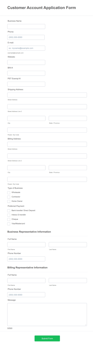 Customer Account Application Form Template