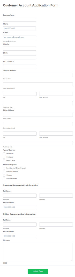 Customer Account Application Form Template
