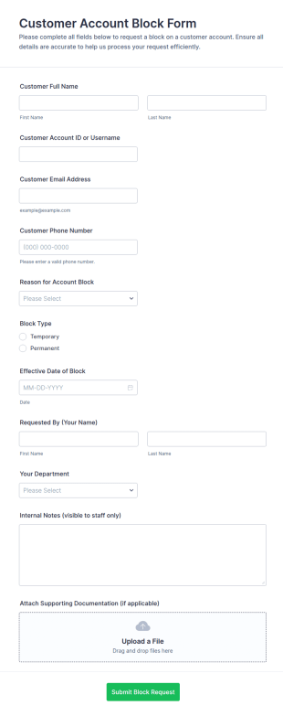 Customer Account Block Form Template