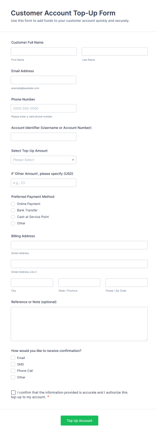 Customer Account Top Up Form Template