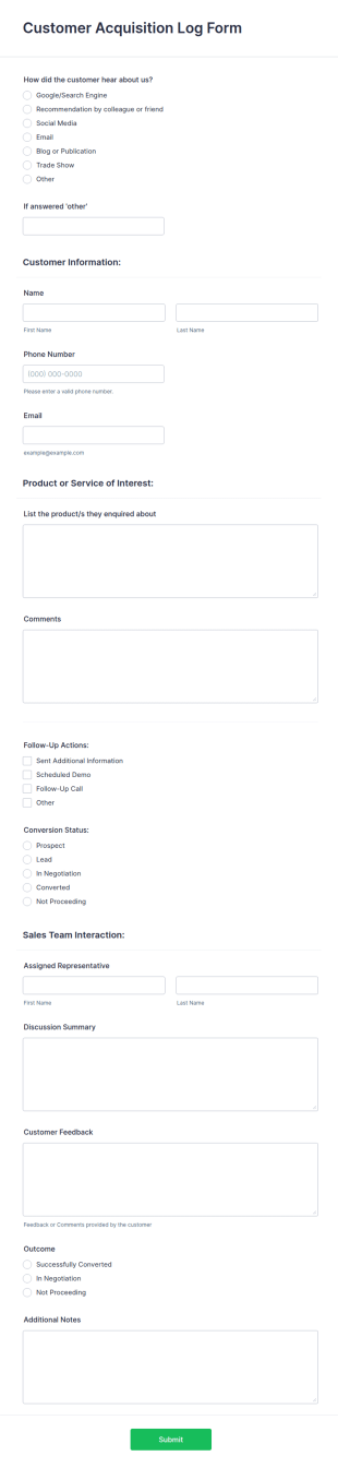 Customer Acquisition Log Form Template