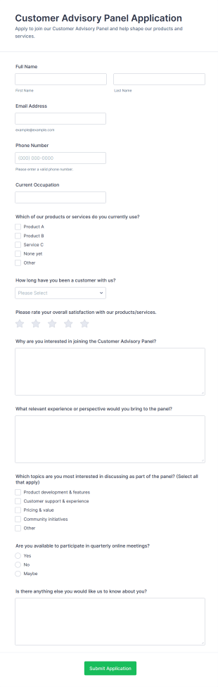 Customer Advisory Panel Application Form Template
