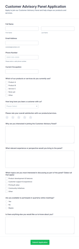 Customer Advisory Panel Application Form Template
