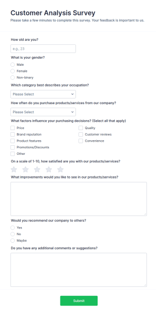 Customer Analysis Survey Form Template
