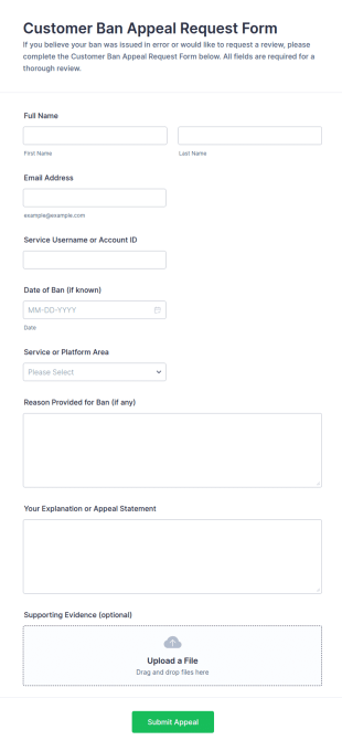 Customer Ban Appeal Request Form Template