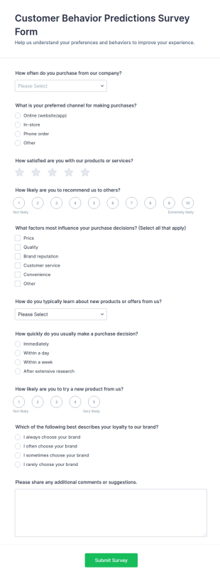 Customer Behavior Predictions Survey Form Template